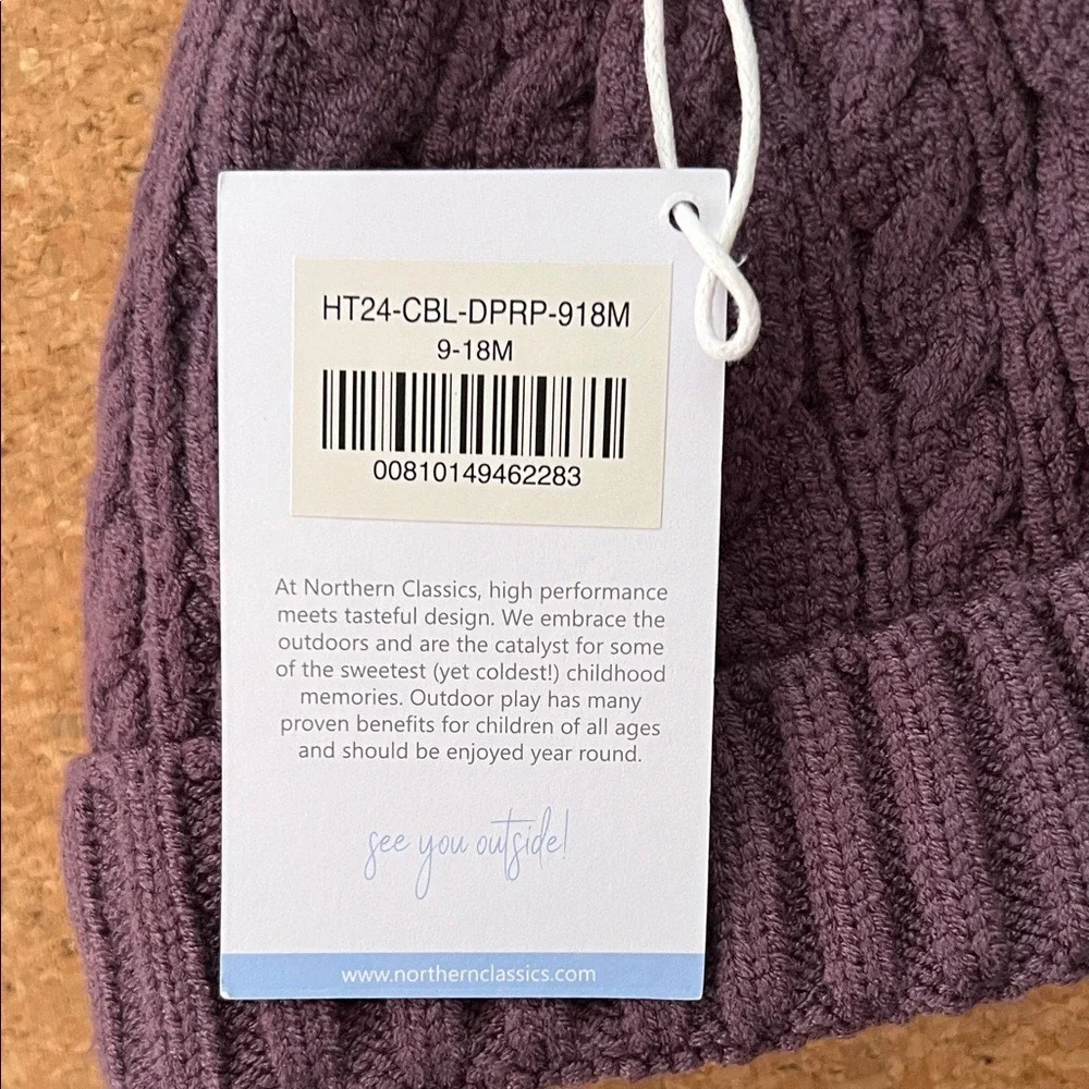 Northern Classics Beanie‎ Kids 9-18M Purple NEW Cable Knit Fleece Lined Pom Hat